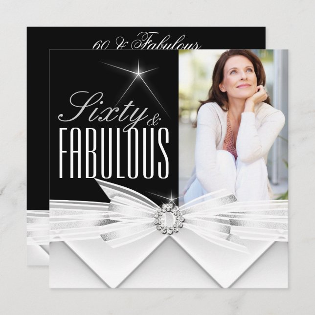 Fabulous 60 Photo Elegant Black White Birthday Inbjudningar (Fram/baksida)