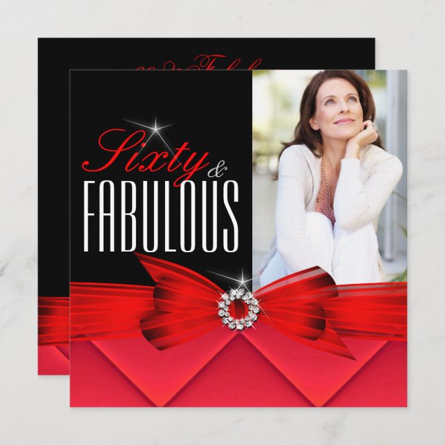Fabulous 60 Photo Red Black Elegant Birthday Inbjudningar (Fram/baksida)