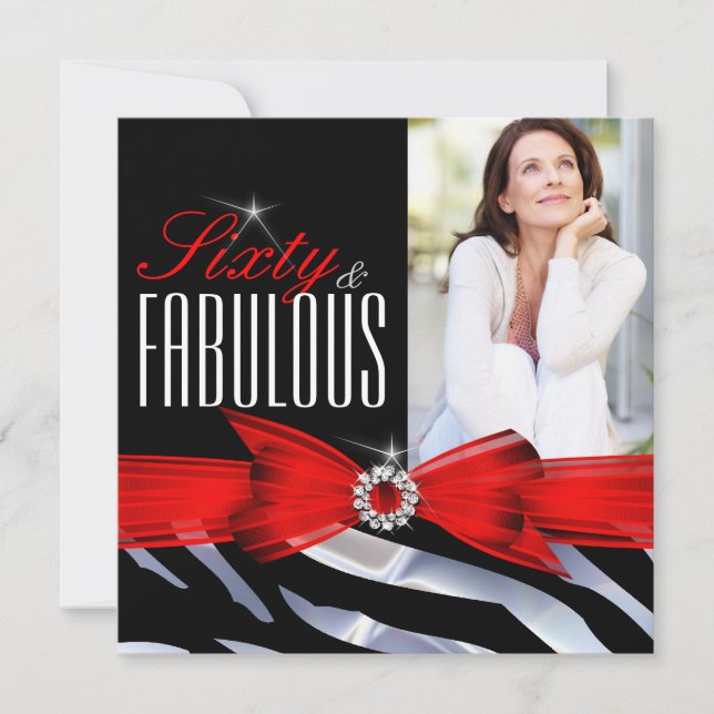 Fabulous 60 Photo Red Zebra Black White Birthday Inbjudningar (Framsida)