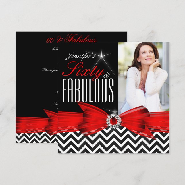 Fabulous 60 Red Chevron Black White Birthday 2 Inbjudningar (Fram/baksida)
