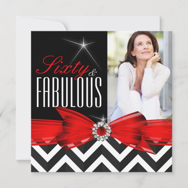 Fabulous 60 Red Chevron Black White Birthday Inbjudningar (Framsida)
