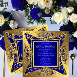 Fabulous 60 Royal Blue Guld Blommigt Födelsedagsfe Inbjudningar