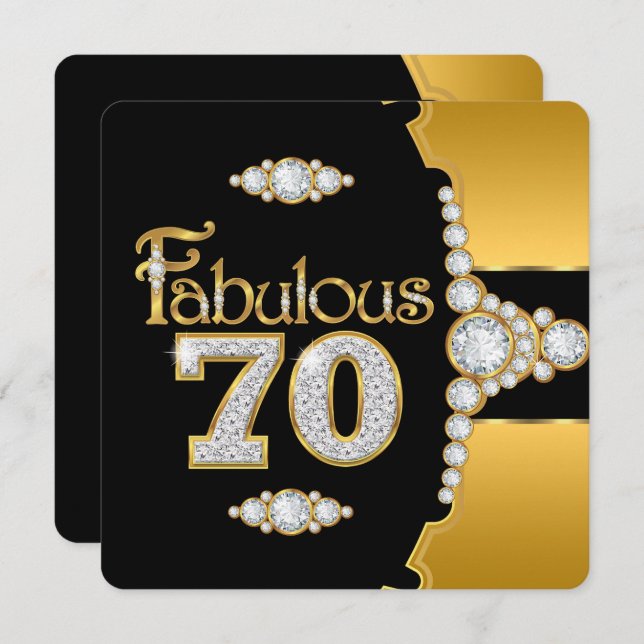 Fabulous 70 70 Birthday Guld Black Diamond Inbjudningar (Fram/baksida)