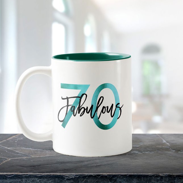 Fabulous 70:e | Modern Elegant Teal Grönt Birthday Två-Tonad Mugg (Skapare uppladdad)