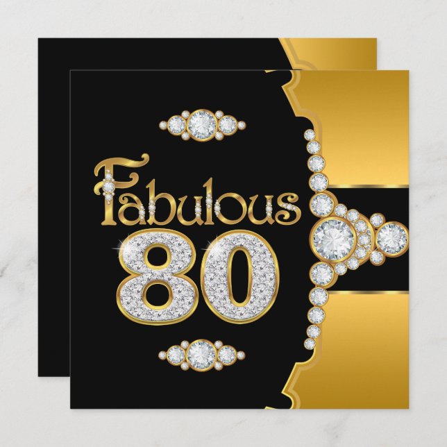 Fabulous 80 80 Birthday Guld Black Diamond Inbjudningar (Fram/baksida)