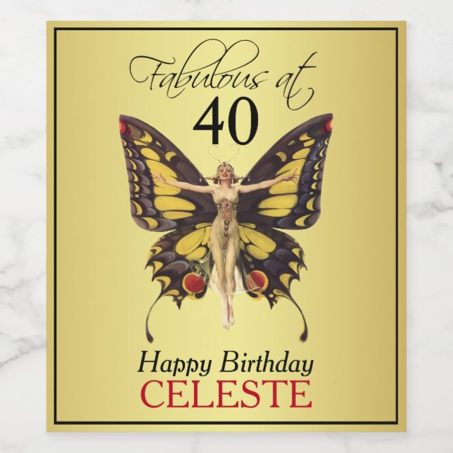 Fabulous at 40 Vintage Flapper Butterfly Vinflaska Etikett (Singel etikett)
