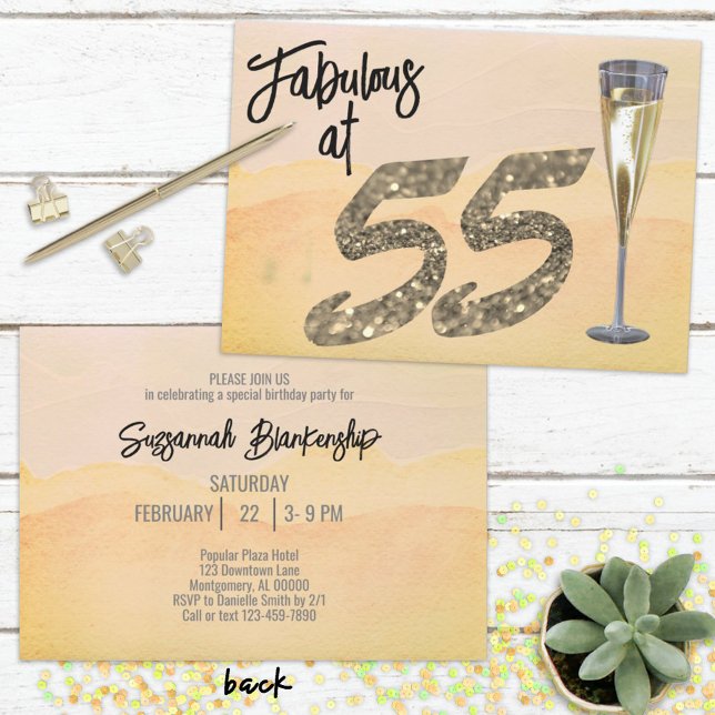 Fabulous at 55 Födelsedagsfest Pastel Watercolor Inbjudningar (Simply fill in your details and be ready to send via mail or immediately download the invitation. )