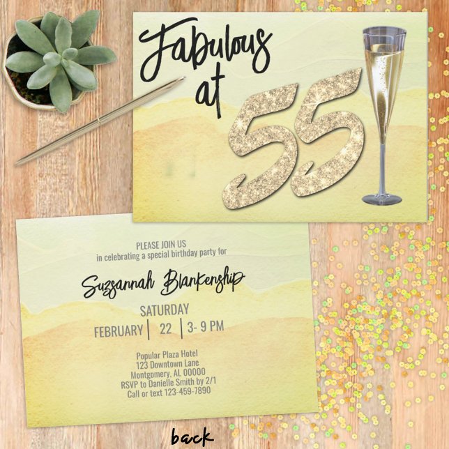 Fabulous at 55 Födelsedagsfest Pastel Watercolor Inbjudningar (Start planning that glittery birthday with a fun invitation design ready for your personalization.)
