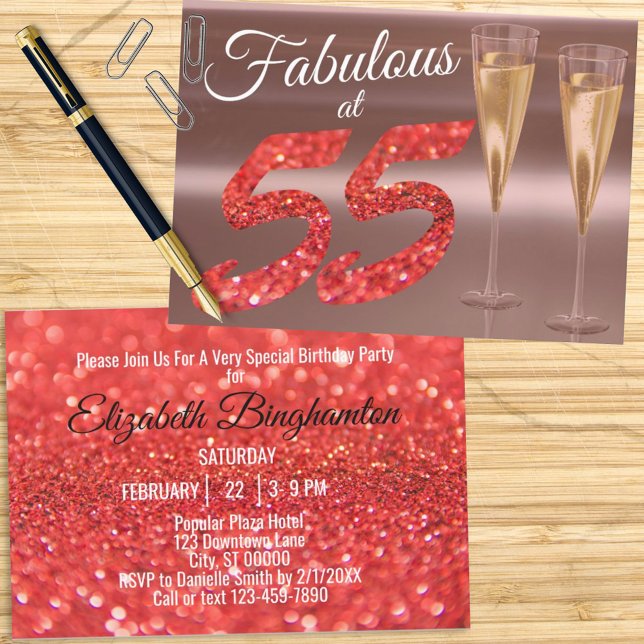 Fabulous at 55 Girly Birthday Coral Glitter Party Inbjudningar (Skapare uppladdad)
