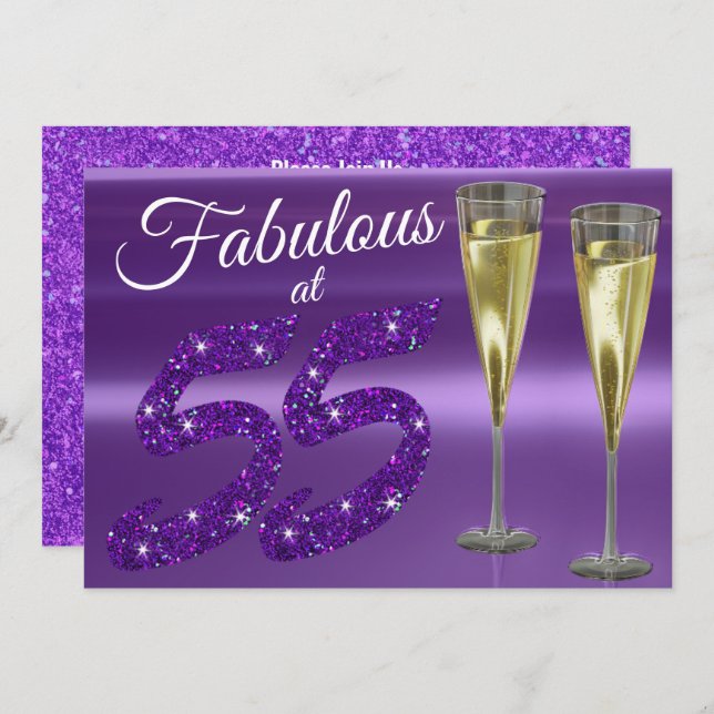 Fabulous at 55 Girly Birthday Lila Glitter Party Inbjudningar (Fram/baksida)