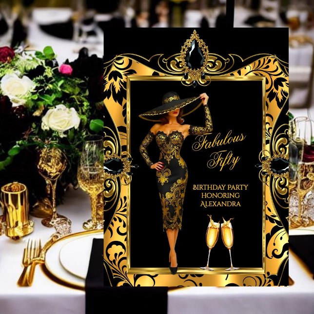 Fabulous Birthday Black Guld Damask Champagne Inbjudningar (Skapare uppladdad)