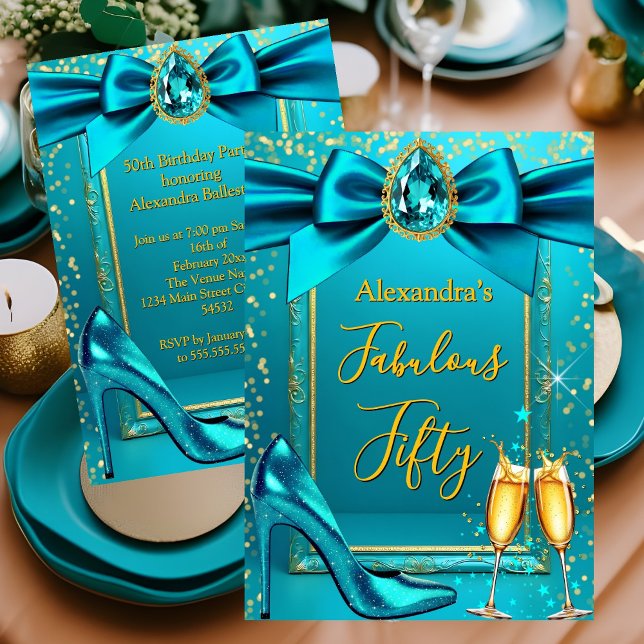 Fabulous Birthday Blue Teal Heel Champagne Gold Inbjudningar (Skapare uppladdad)