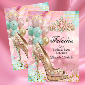 Fabulous birthday Blush Pink Teal Tiara Gold Heel Inbjudningar