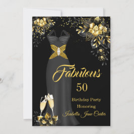 Fabulous Birthday Champagne Black Guld Blommigt Inbjudningar
