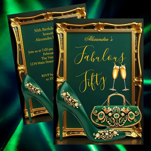 Fabulous Birthday Emerald gems Heel Champagne Gold Inbjudningar (Skapare uppladdad)