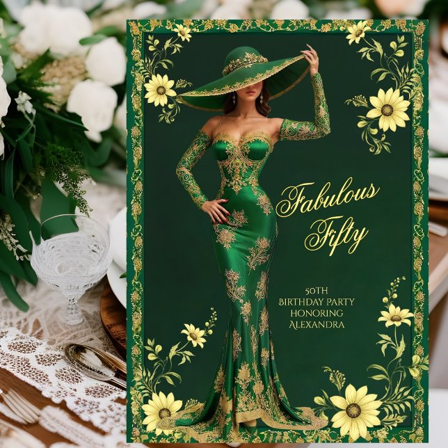 Fabulous Birthday Emerald Guld Woman Blommigt Inbjudningar (Skapare uppladdad)
