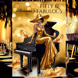 Fabulous Birthday Gold Champagne Piano Black Inbjudningar