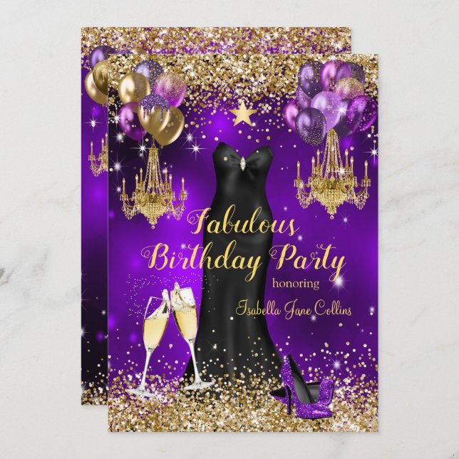 Fabulous Birthday Lila Firande Star Inbjudningar (Fram/baksida)