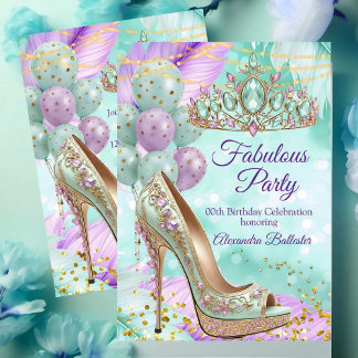 Fabulous birthday Lilac Teal Tiara Gold Heel Inbjudningar