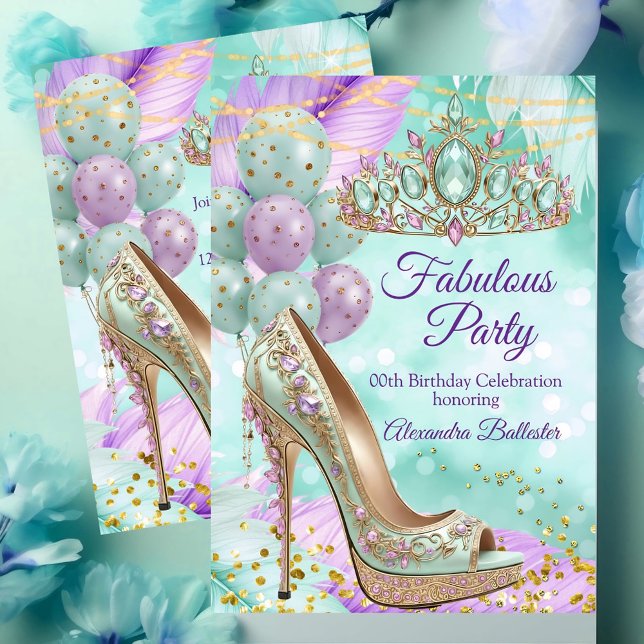 Fabulous birthday Lilac Teal Tiara Gold Heel Inbjudningar (Skapare uppladdad)