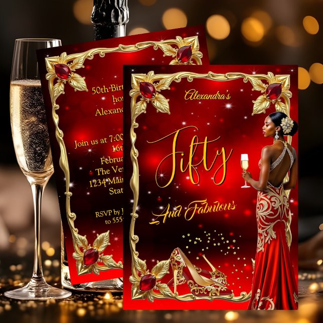 Fabulous Birthday Red Dress Gold High Heels Ethnic Inbjudningar (Skapare uppladdad)