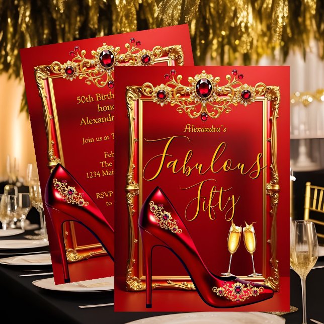 Fabulous Birthday Red Jewels Heel Champagne Gold Inbjudningar (Skapare uppladdad)