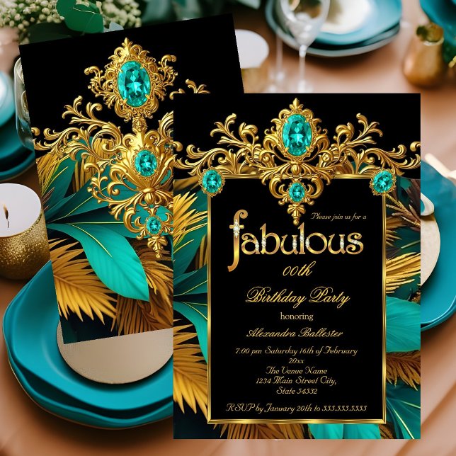 Fabulous Birthday Teal Blue Gold Gems Feathers Inbjudningar (Skapare uppladdad)