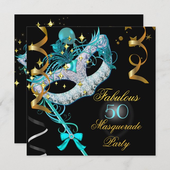 Fabulous Birthday Teal Guld Black Masquerad Party Inbjudningar (Fram/baksida)