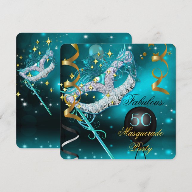 Fabulous Birthday Teal Guld Masquerad Party Inbjudningar (Fram/baksida)