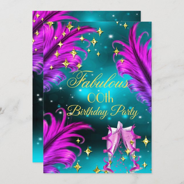 Fabulous Birthday teal Lila rosa Champagne Party Inbjudningar (Fram/baksida)