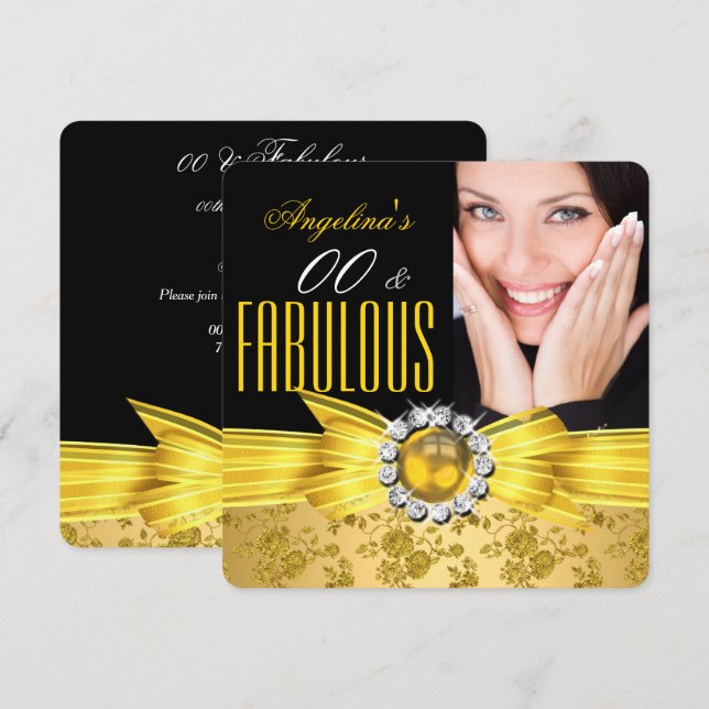 Fabulous Black Gult Guld Damask Ro födelsedag Inbjudningar (Fram/baksida)