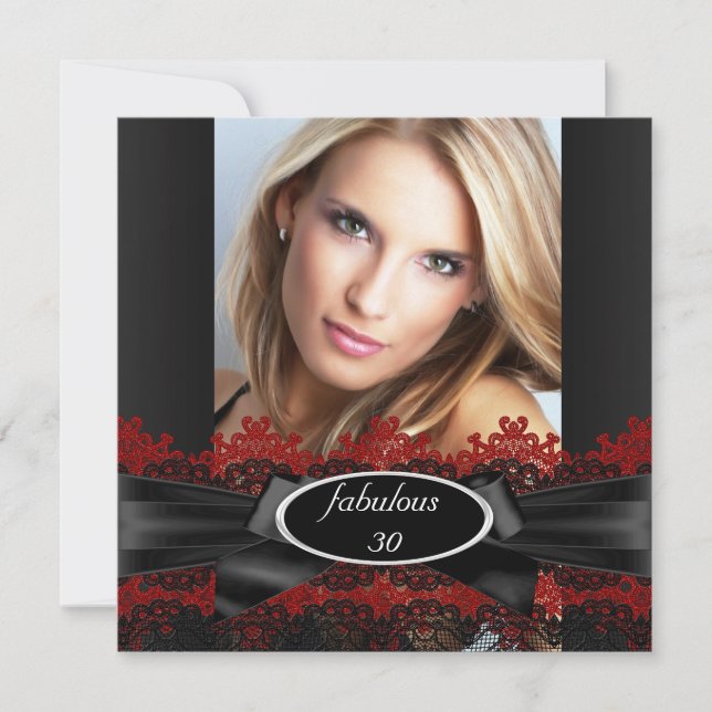Fabulous Black Red Snöre Photo Födelsedagsfest 2 Inbjudningar (Framsida)