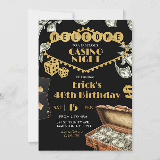 Fabulous Casino Night 40:e Vuxen Birthday Inbjudningar (Framsida)