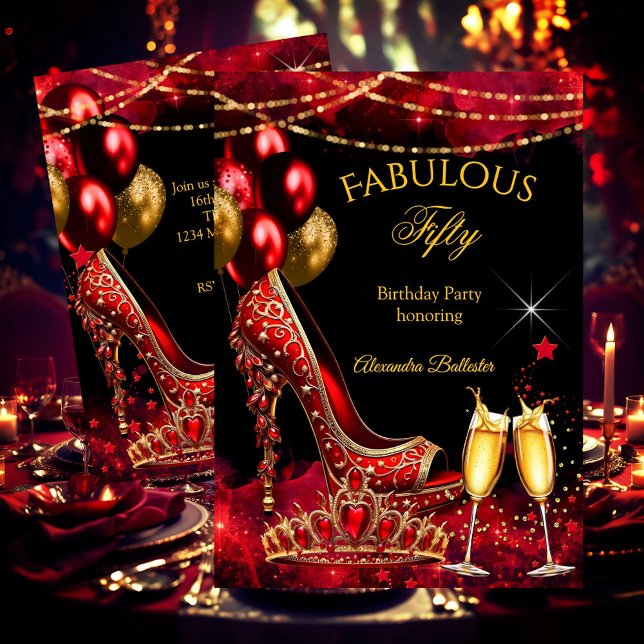 Fabulous Champagne birthday party Red Gold Heel Inbjudningar (Skapare uppladdad)