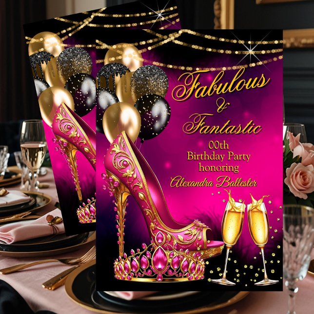 Fabulous Champagne birthday Pink Tiara Gold Heel Inbjudningar (Skapare uppladdad)