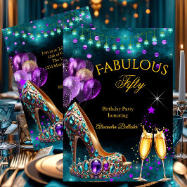Fabulous Champagne birthday Purple Teal Gold Heel Inbjudningar