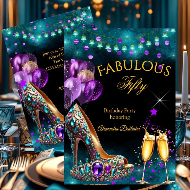 Fabulous Champagne birthday Purple Teal Gold Heel Inbjudningar (Skapare uppladdad)