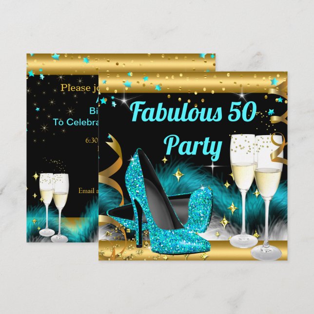 Fabulous Champagne Party Teal Blue-Högklackar Inbjudningar (Fram/baksida)