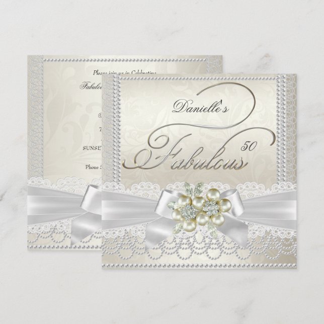 Fabulous Cream White Pearl Snöre Damask Diamond Inbjudningar (Fram/baksida)