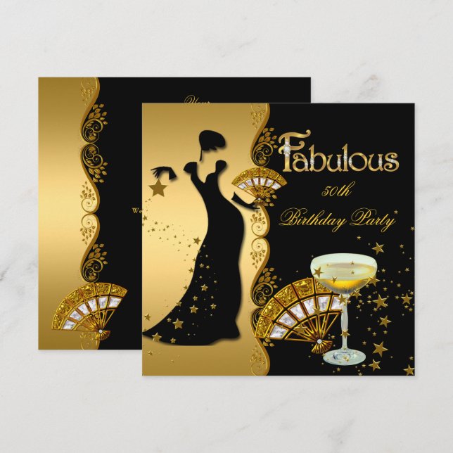 Fabulous Deco Lady 50-årsfest Guld Svart Inbjudningar (Fram/baksida)