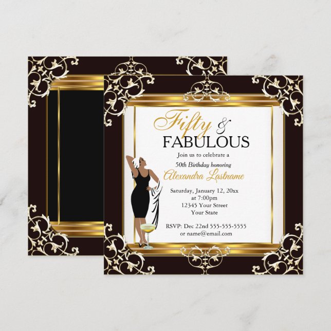 Fabulous Diva-dekor Lady Gold Svart 50-årsdag Inbjudningar (Fram/baksida)