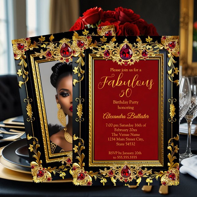Fabulous Elegant Birthday Photo Red Gold Black Gem Inbjudningar (Skapare uppladdad)