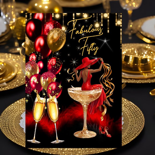 Fabulous Ethnic Fun Birthday Red Champagne Glass Inbjudningar (Skapare uppladdad)