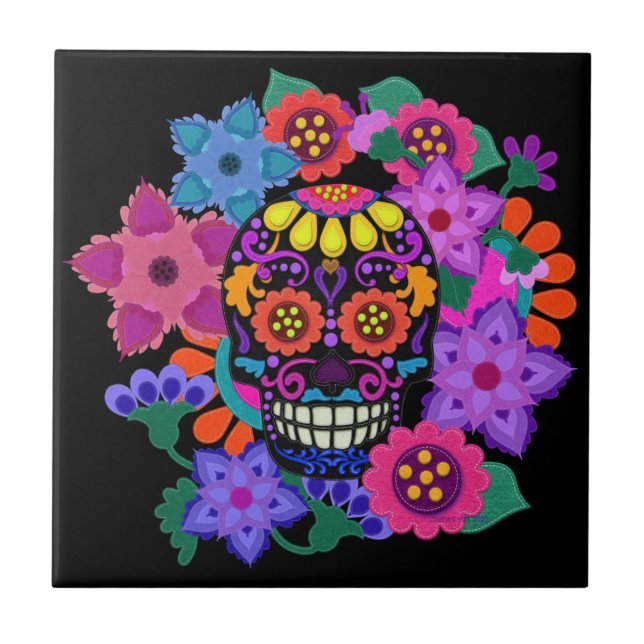 Fabulous Felt Look Sugar Skull Beautiful Kakelplatta (Framsidan)