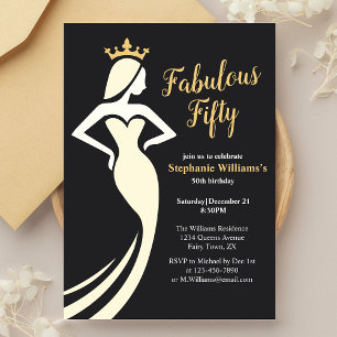 Fabulous femty Queen Golden Black 50:e födelsedage Inbjudningar