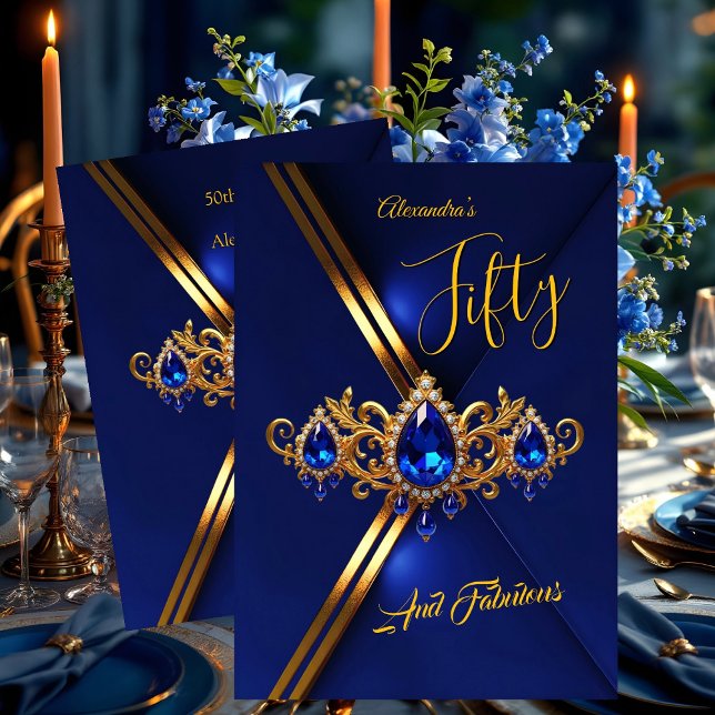 Fabulous Fifty Birthday Royal Blue Gold Gems Inbjudningar (Skapare uppladdad)