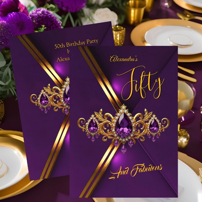 Fabulous Fifty Birthday Royal Purple Gold Gems Inbjudningar (Skapare uppladdad)