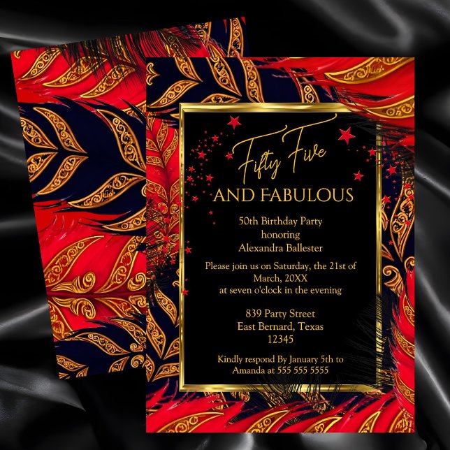 Fabulous Fifty Five Birthday Red Gold Feathers Inbjudningar (Skapare uppladdad)