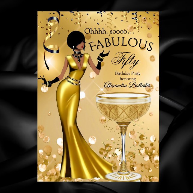 Fabulous Fifty Gold Black Champagne Birthday Party Inbjudningar (Skapare uppladdad)