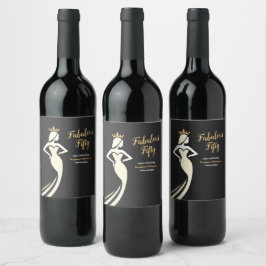 Fabulous Fifty Queen Golden Black 50th Birthday Vinflaska Etikett